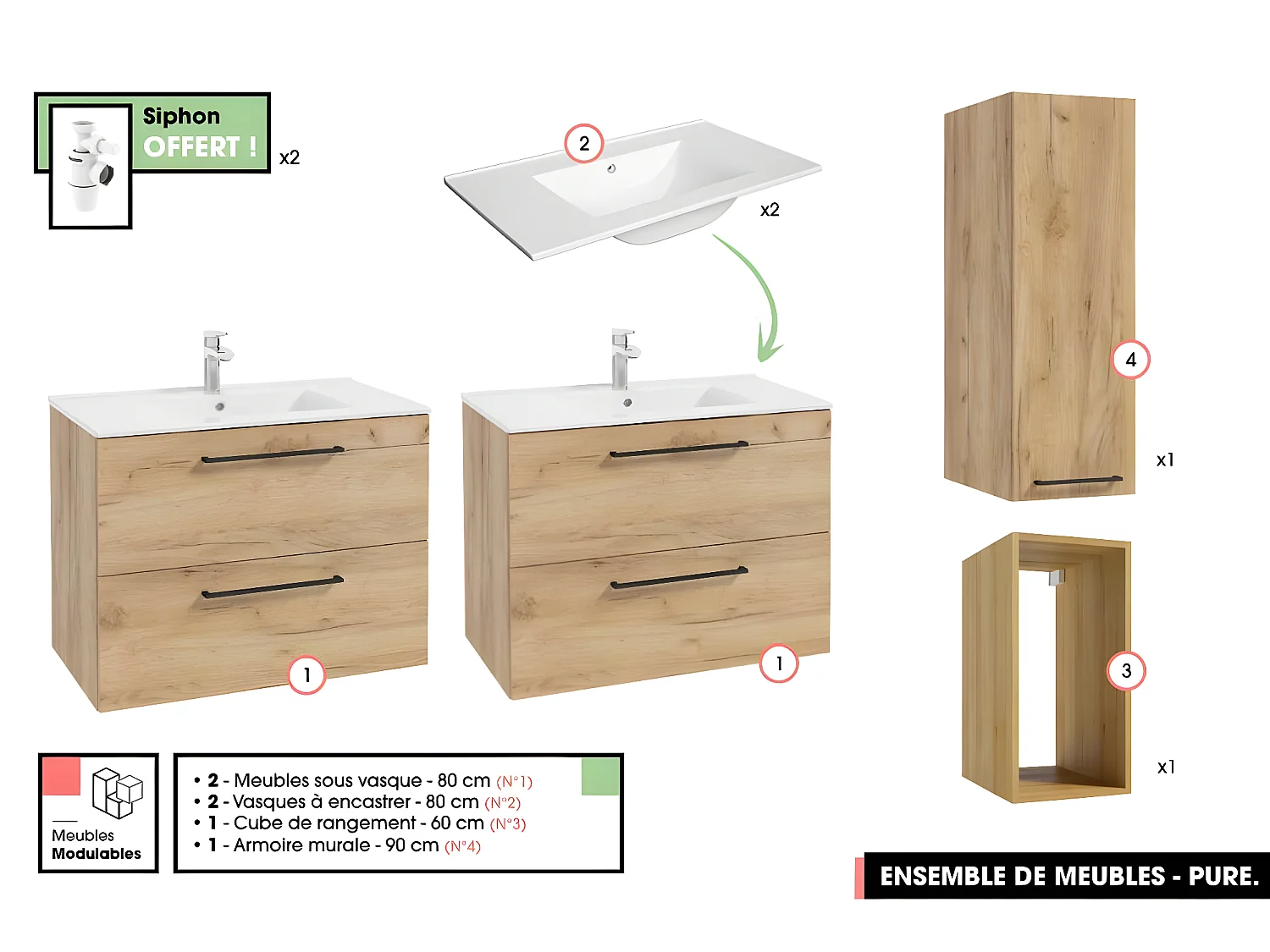 Ensemble complet de salle de bain  - Meubles - Armoire - Cube - Vasques à encastrer avec Siphons OFFERT | PURE | Oak | 160 x 60 x 45 cm