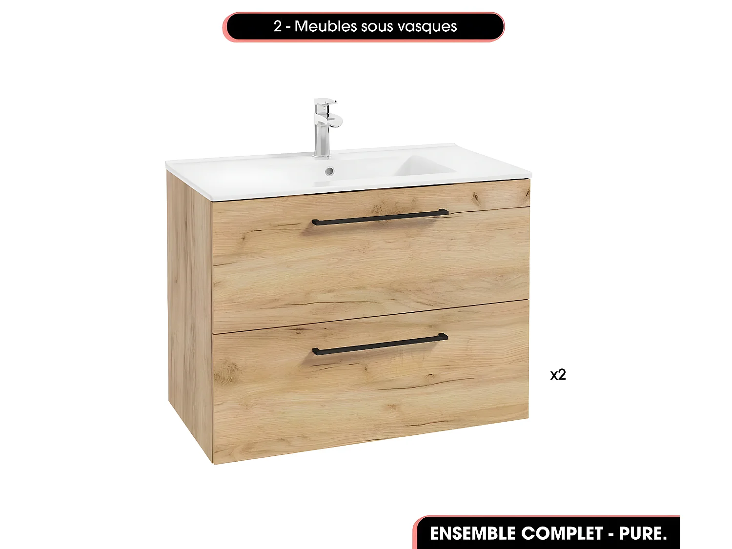 Ensemble complet de salle de bain  - Meubles - Armoire - Cube - Vasques à encastrer avec Siphons OFFERT | PURE | Oak | 160 x 60 x 45 cm