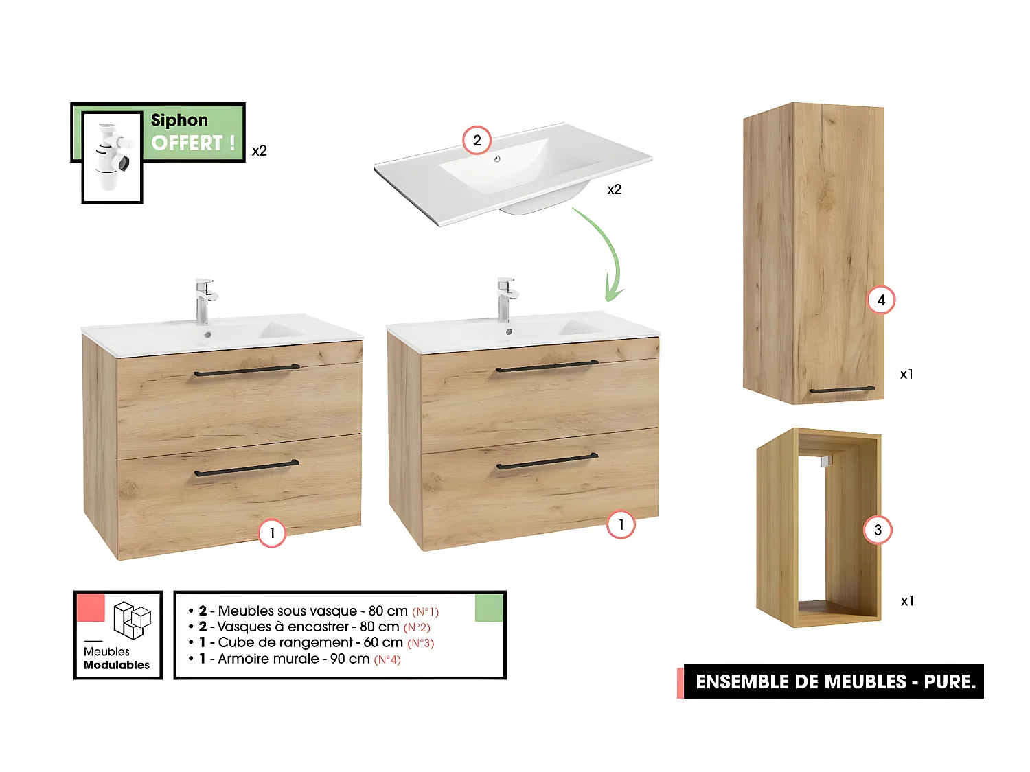 Ensemble complet de salle de bain  - Meubles - Armoire - Cube - Vasques à encastrer avec Siphons OFFERT | PURE | Oak | 160 x 60 x 45 cm