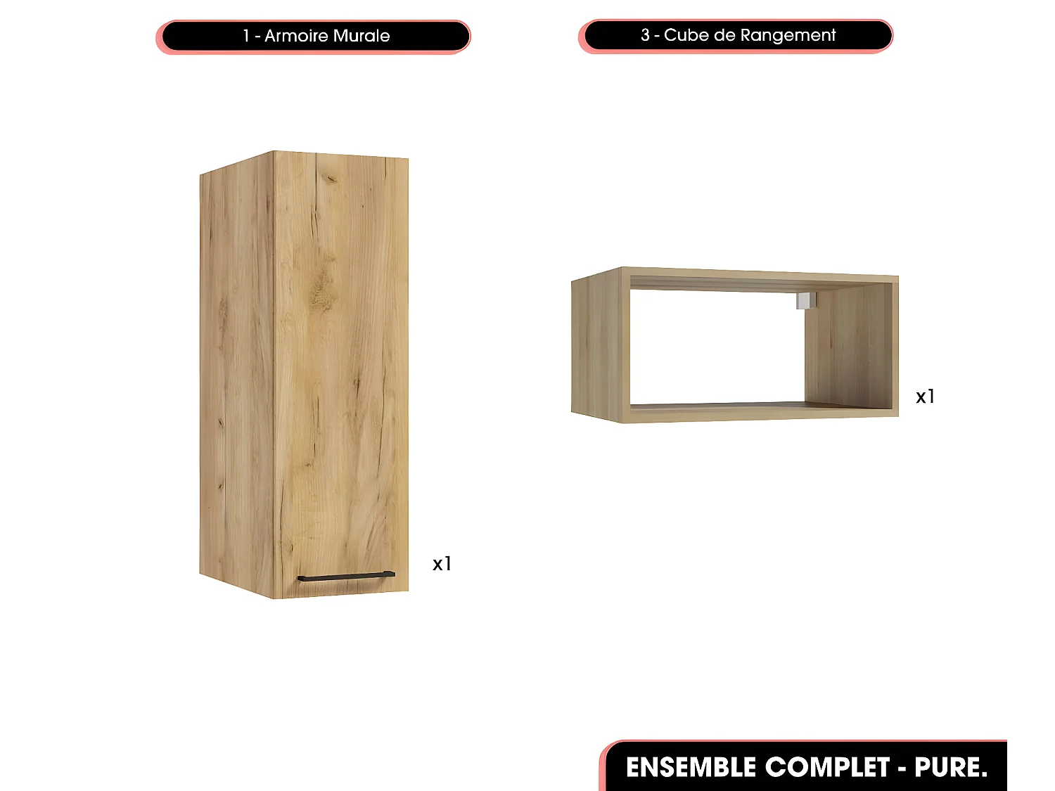 Ensemble complet de salle de bain  - Meubles - Armoire - Cube - Vasques à encastrer avec Siphons OFFERT | PURE | Oak | 160 x 60 x 45 cm