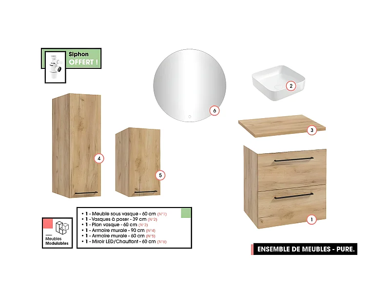 Emsemble complet de salle de bain - Meuble - Armoires - Miroir - Vasque à poser avec Siphon OFFERT | PURE | Oak | 60 x 60 x 45 cm