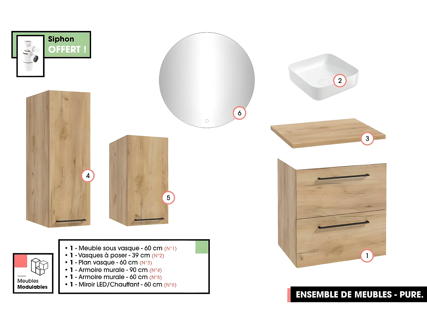 Emsemble complet de salle de bain - Meuble - Armoires - Miroir - Vasque à poser avec Siphon OFFERT | PURE | Oak | 60 x 60 x 45 cm