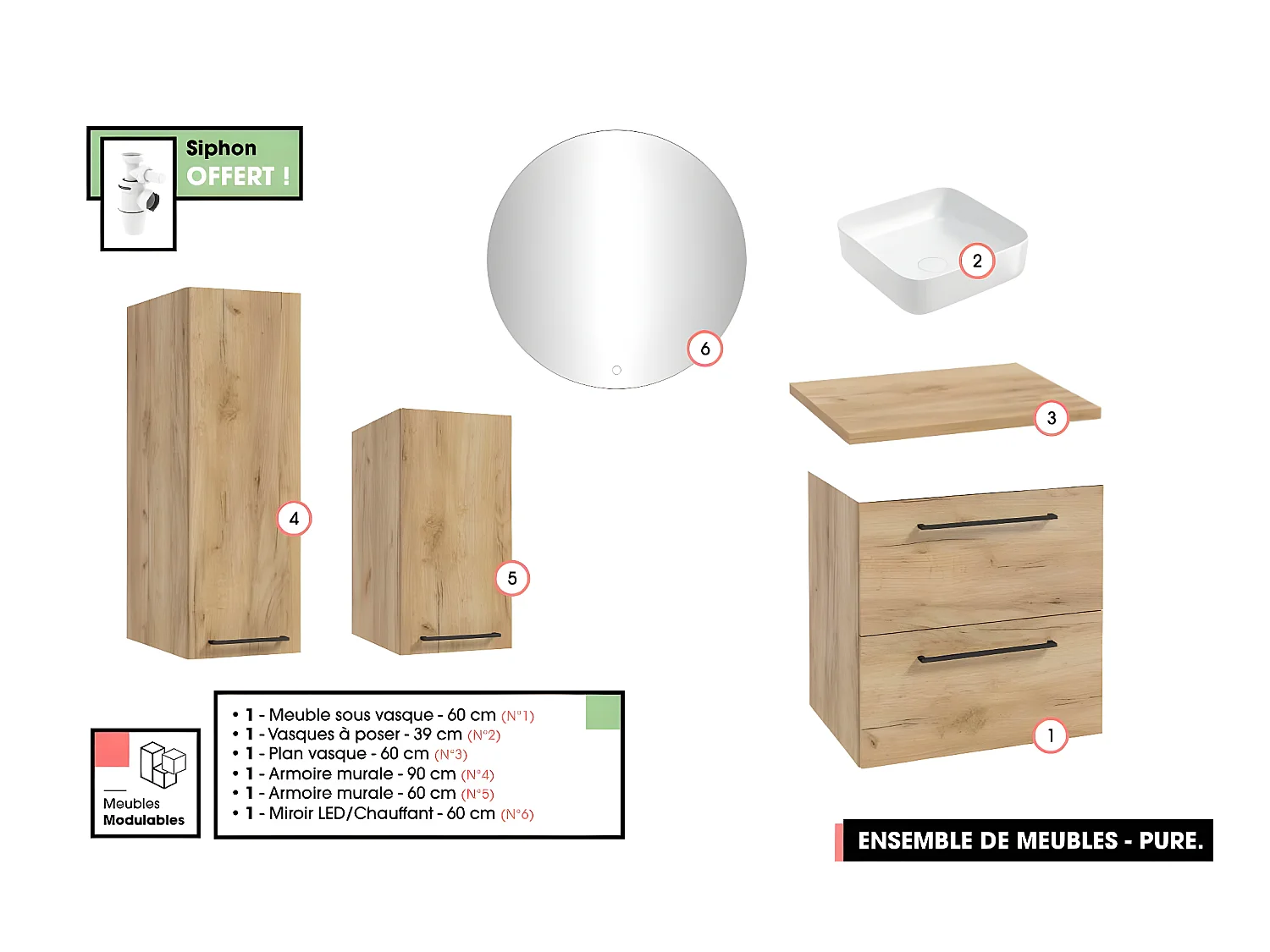 Emsemble complet de salle de bain - Meuble - Armoires - Miroir - Vasque à poser avec Siphon OFFERT | PURE | Oak | 60 x 60 x 45 cm