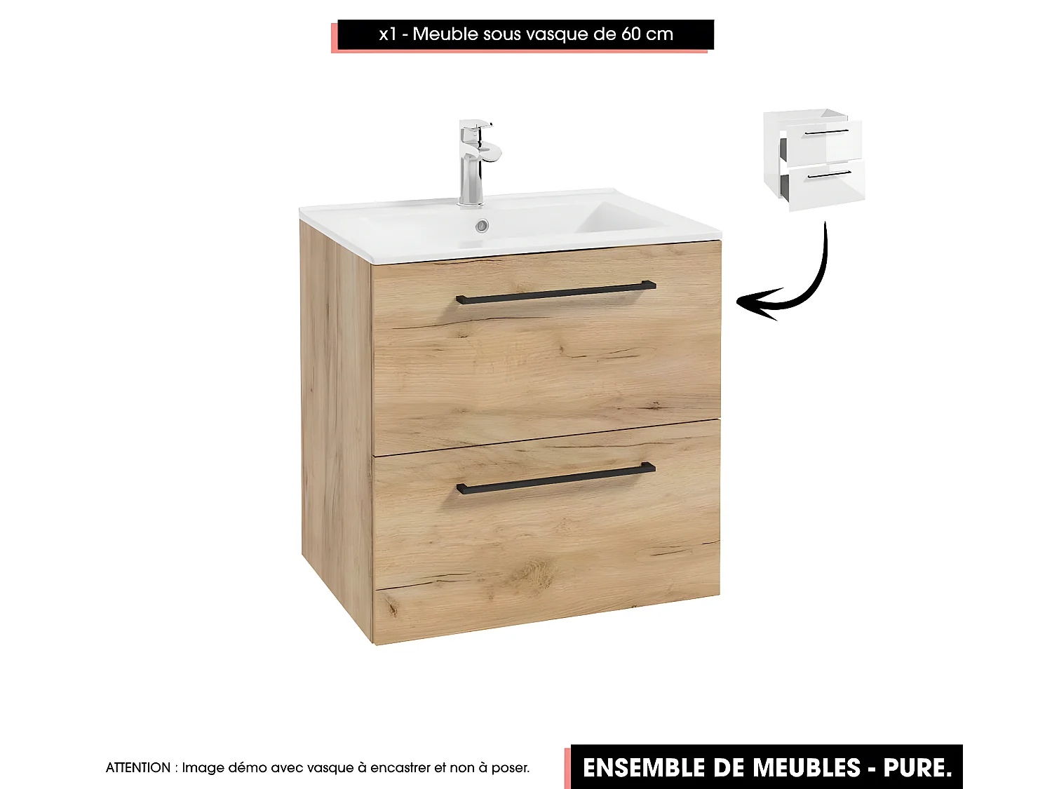 Emsemble complet de salle de bain - Meuble - Armoires - Miroir - Vasque à poser avec Siphon OFFERT | PURE | Oak | 60 x 60 x 45 cm