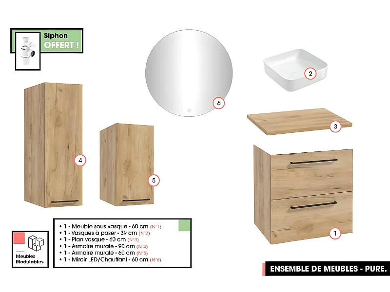 Emsemble complet de salle de bain - Meuble - Armoires - Miroir - Vasque à poser avec Siphon OFFERT | PURE | Oak | 60 x 60 x 45 cm