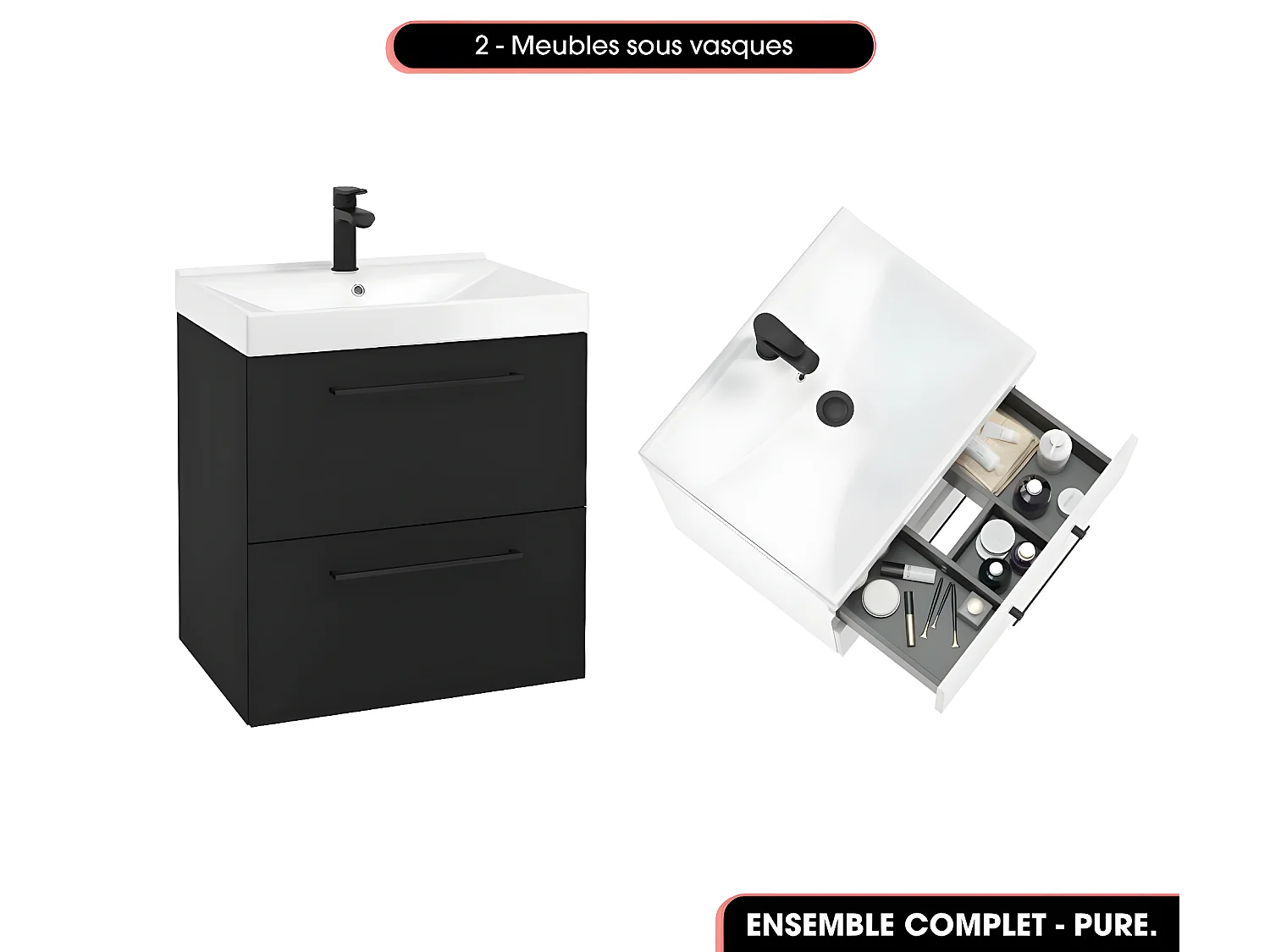 Ensemble complet de salle de bain  - Meubles - Armoire - Cube - Vasques à encastrer avec Siphons OFFERT | PURE | Noir | 120 x 60 x 45 cm