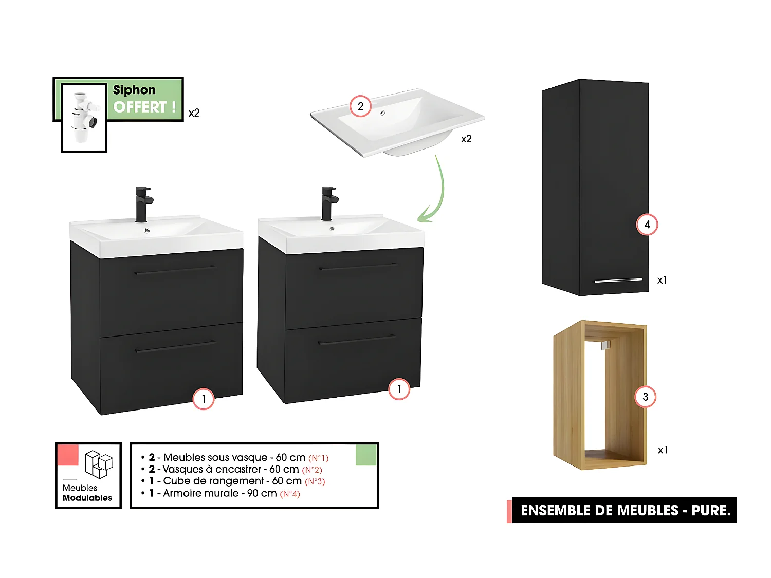 Ensemble complet de salle de bain  - Meubles - Armoire - Cube - Vasques à encastrer avec Siphons OFFERT | PURE | Noir | 120 x 60 x 45 cm
