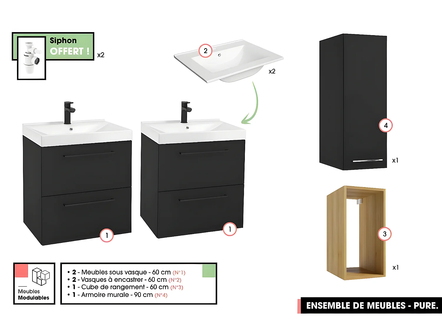 Ensemble complet de salle de bain  - Meubles - Armoire - Cube - Vasques à encastrer avec Siphons OFFERT | PURE | Noir | 120 x 60 x 45 cm