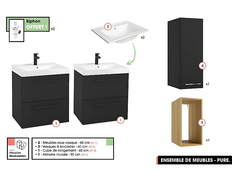 Ensemble complet de salle de bain  - Meubles - Armoire - Cube - Vasques à encastrer avec Siphons OFFERT | PURE | Noir | 120 x 60 x 45 cm