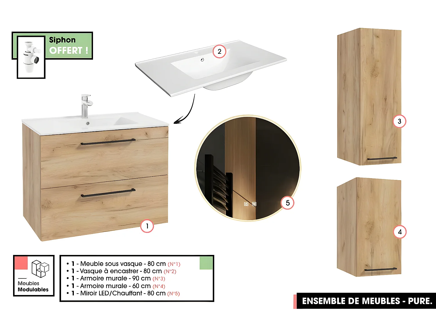 Emsemble complet de salle de bain - Meuble - Armoires - Miroir - Vasque à encastrer avec Siphon OFFERT | PURE | Oak | 80 x 60 x 45 cm