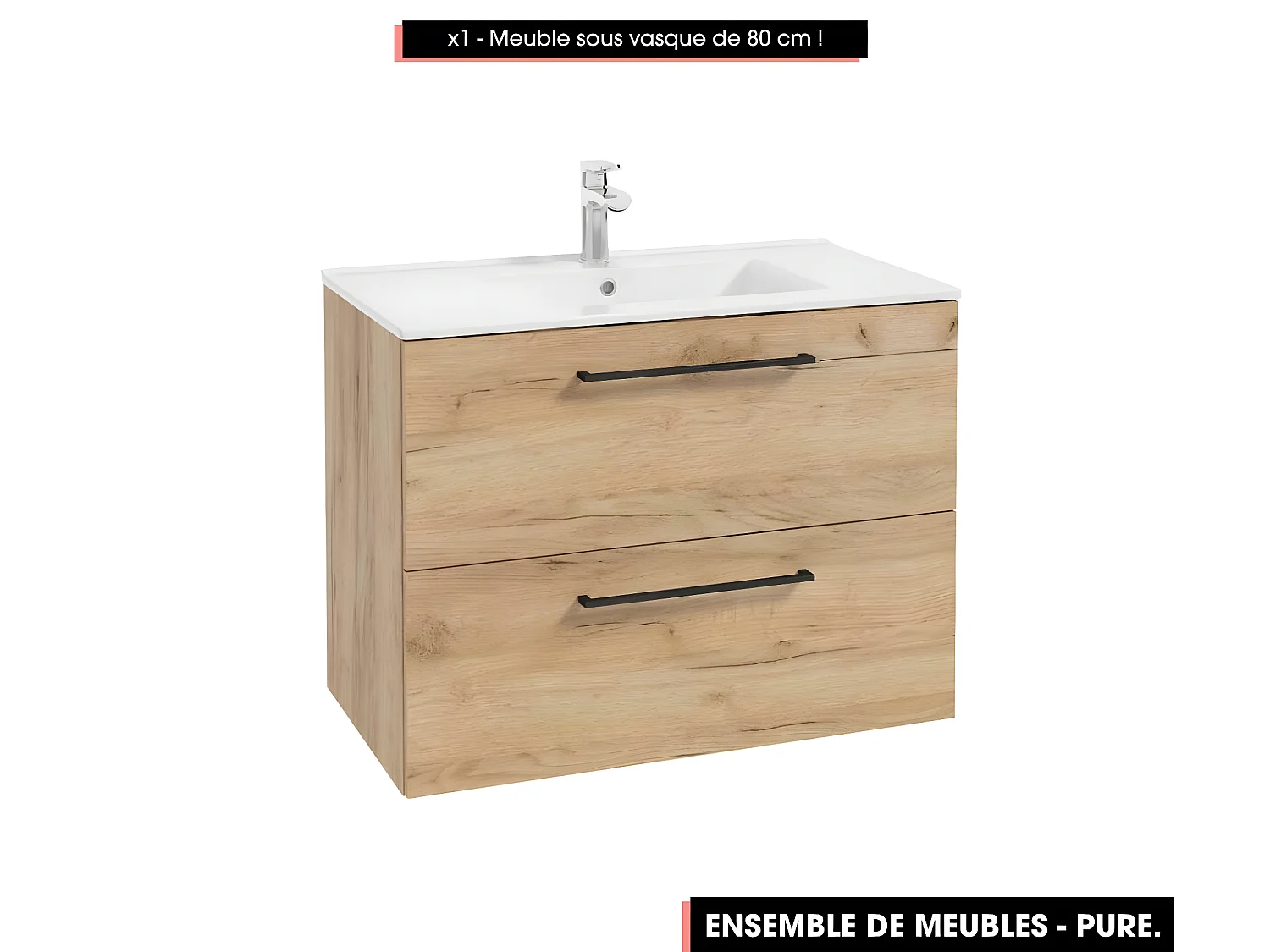 Emsemble complet de salle de bain - Meuble - Armoires - Miroir - Vasque à encastrer avec Siphon OFFERT | PURE | Oak | 80 x 60 x 45 cm
