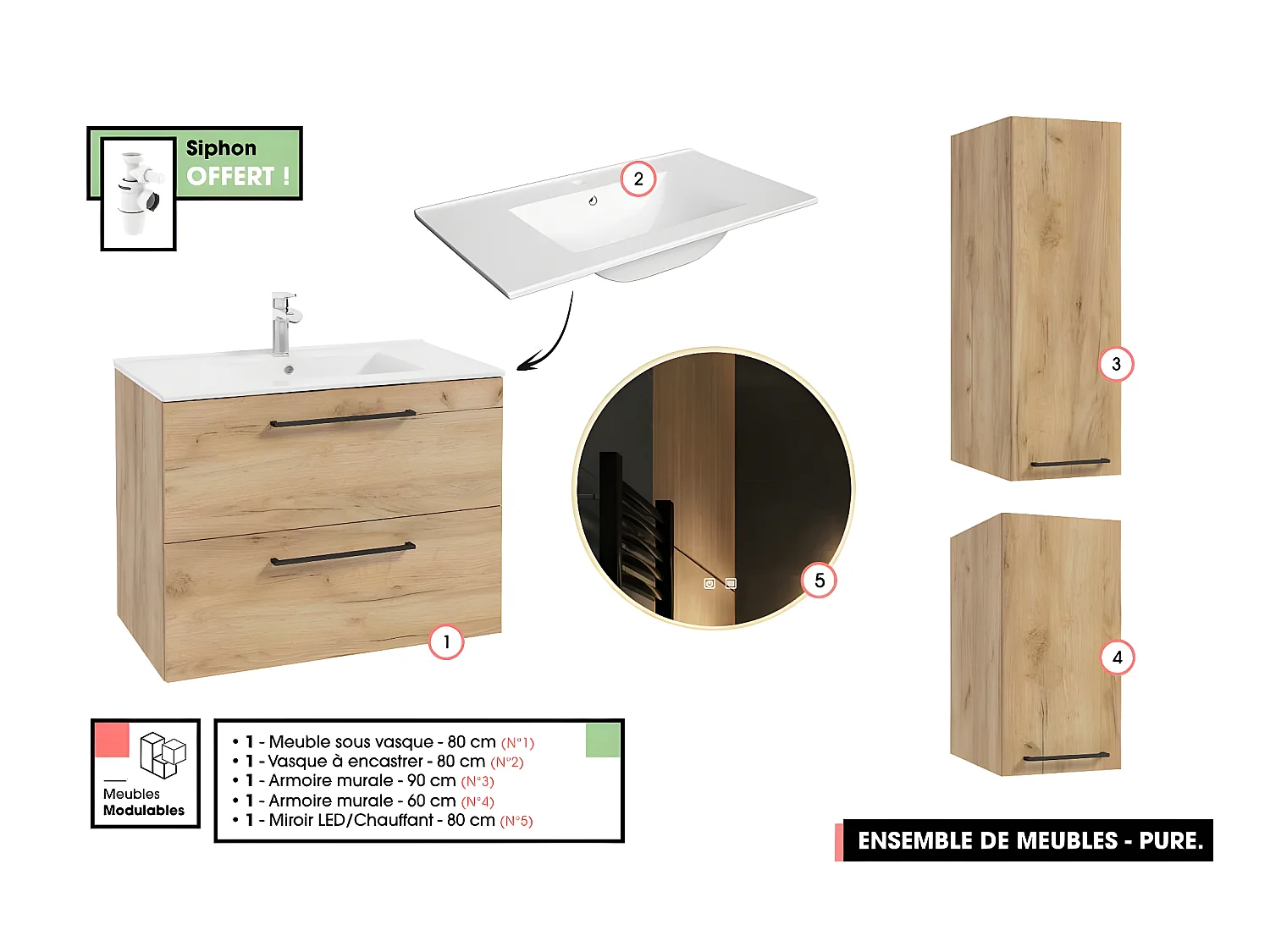 Emsemble complet de salle de bain - Meuble - Armoires - Miroir - Vasque à encastrer avec Siphon OFFERT | PURE | Oak | 80 x 60 x 45 cm
