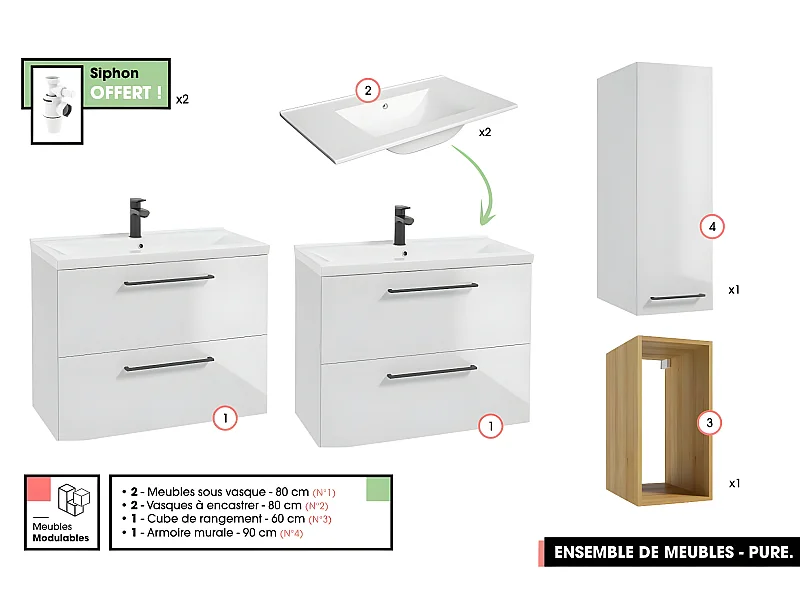 Ensemble complet de salle de bain  - Meubles - Armoire - Cube - Vasques à encastrer avec Siphons OFFERT | PURE | Blanc | 160 x 60 x 45 cm