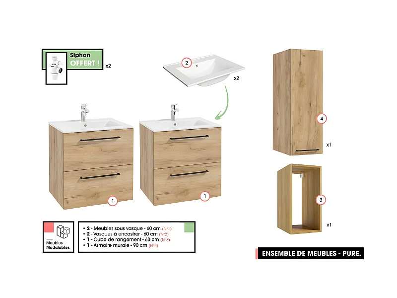 Ensemble complet de salle de bain  - Meubles - Armoire - Cube - Vasques à encastrer avec Siphons OFFERT | PURE | Oak | 120 x 60 x 45 cm