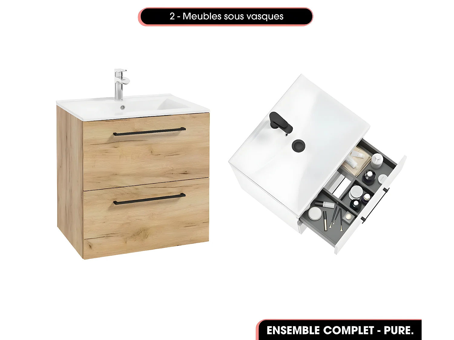 Ensemble complet de salle de bain  - Meubles - Armoire - Cube - Vasques à encastrer avec Siphons OFFERT | PURE | Oak | 120 x 60 x 45 cm