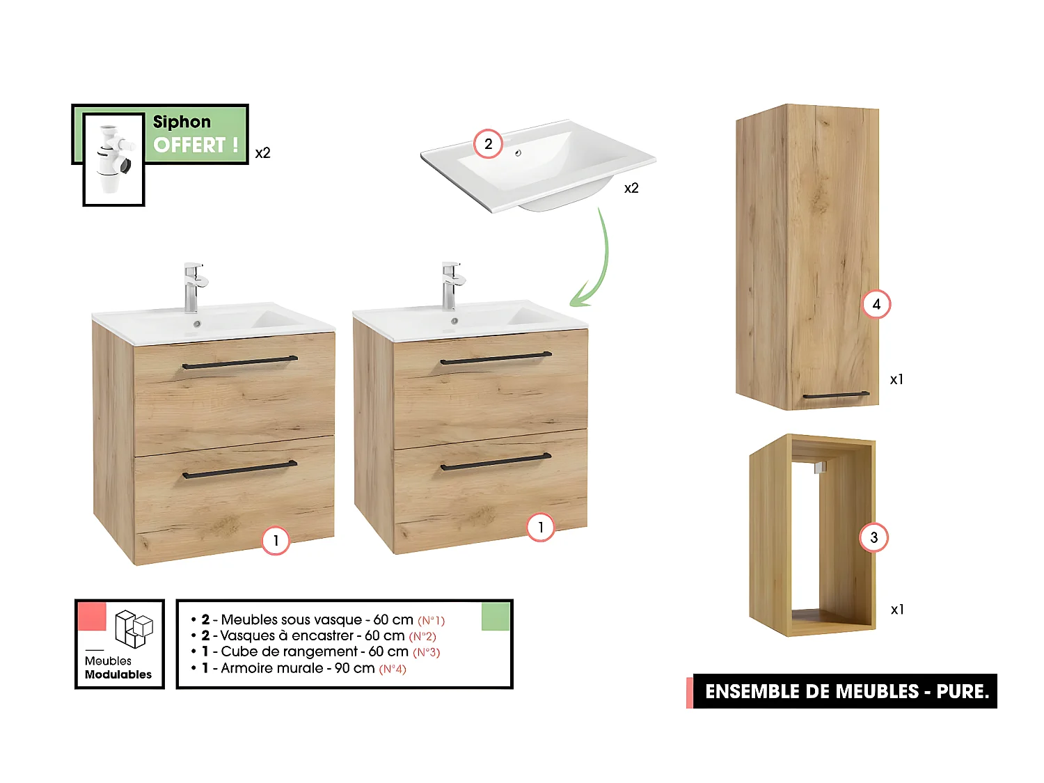 Ensemble complet de salle de bain  - Meubles - Armoire - Cube - Vasques à encastrer avec Siphons OFFERT | PURE | Oak | 120 x 60 x 45 cm