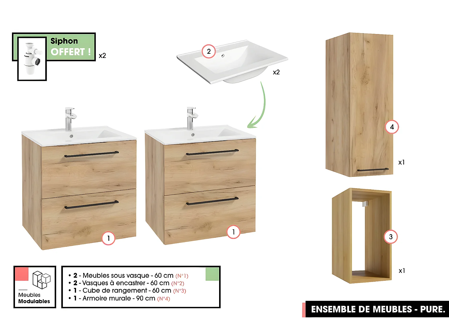 Ensemble complet de salle de bain  - Meubles - Armoire - Cube - Vasques à encastrer avec Siphons OFFERT | PURE | Oak | 120 x 60 x 45 cm