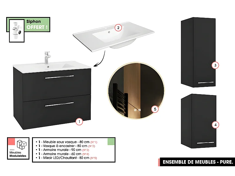 Emsemble complet de salle de bain - Meuble - Armoires - Miroir - Vasque à encastrer avec Siphon OFFERT | PURE | Noir | 80 x 60 x 45 cm