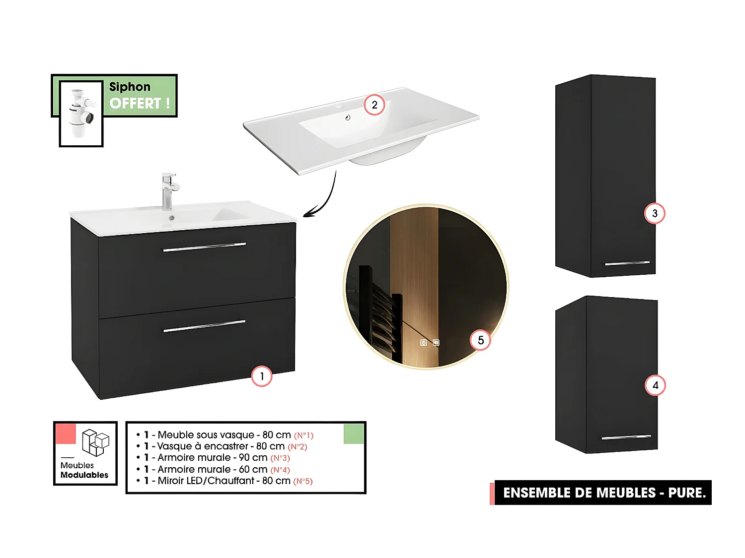 Emsemble complet de salle de bain - Meuble - Armoires - Miroir - Vasque à encastrer avec Siphon OFFERT | PURE | Noir | 80 x 60 x 45 cm