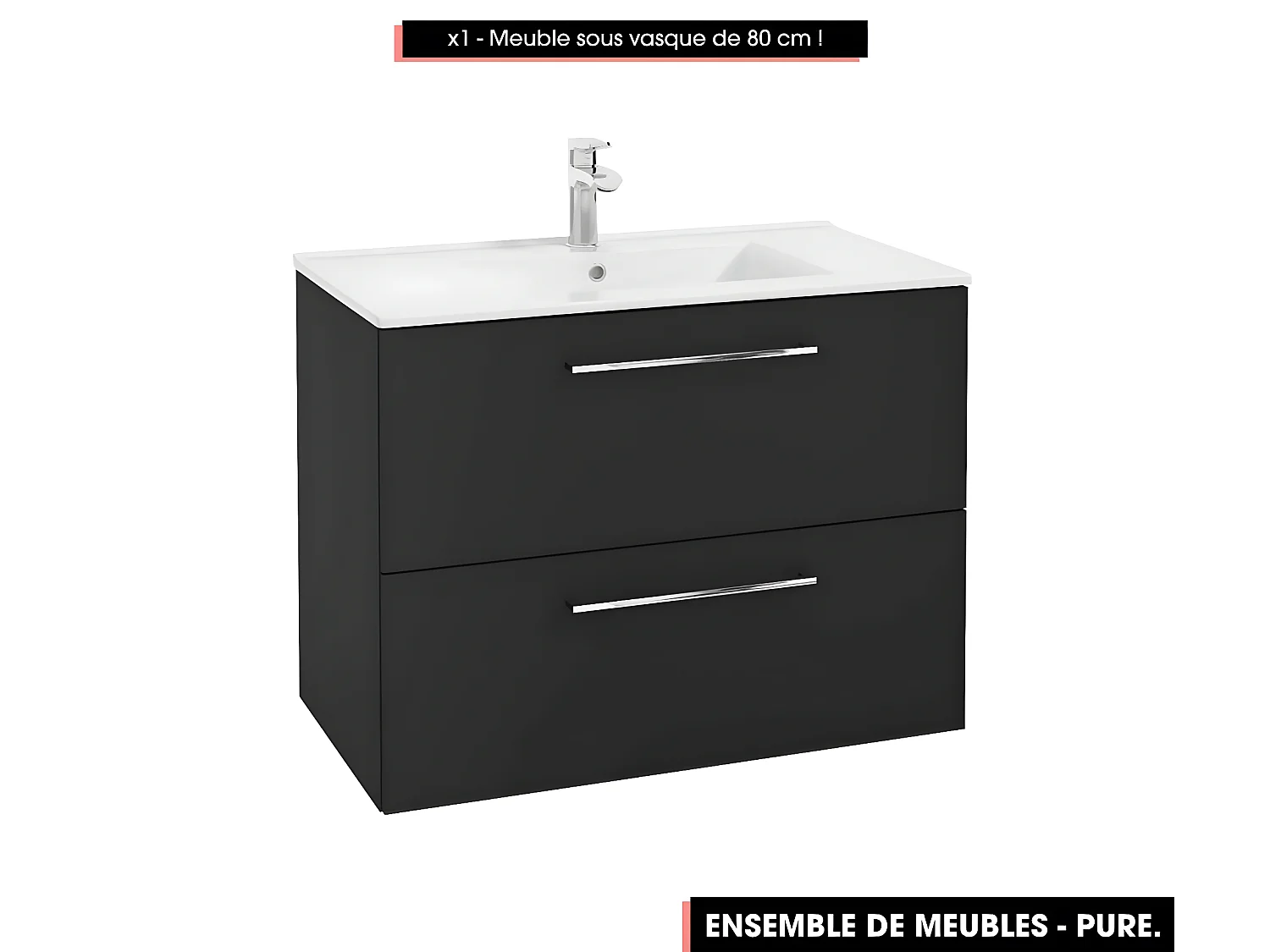Emsemble complet de salle de bain - Meuble - Armoires - Miroir - Vasque à encastrer avec Siphon OFFERT | PURE | Noir | 80 x 60 x 45 cm