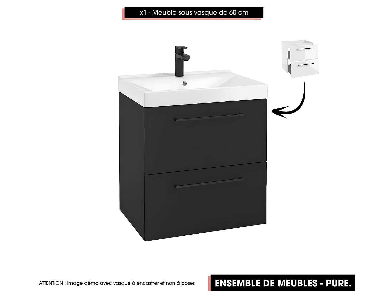 Emsemble complet de salle de bain - Meuble - Armoires - Miroir - Vasque à poser avec Siphon OFFERT | PURE | Noir | 60 x 60 x 45 cm