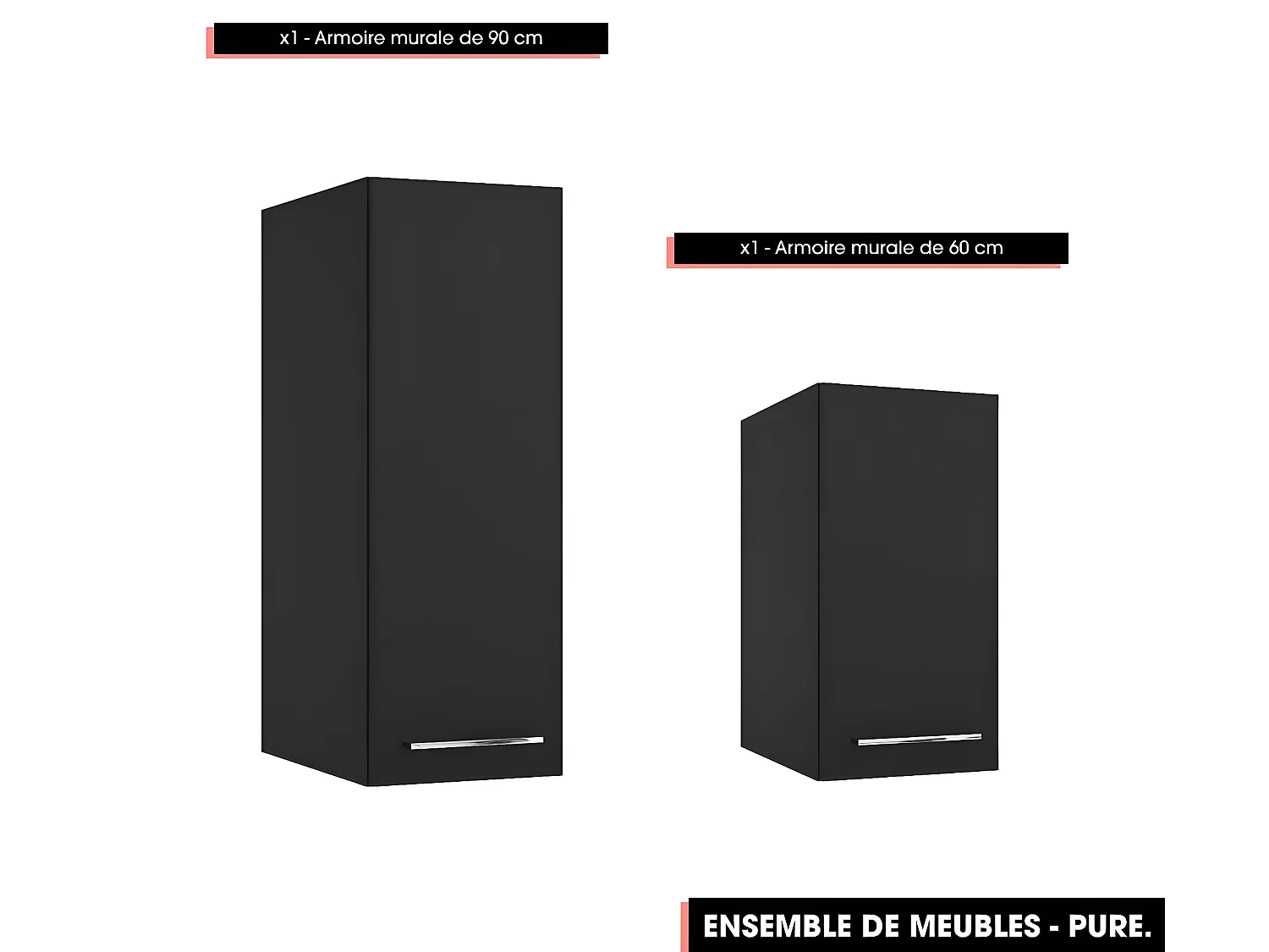 Emsemble complet de salle de bain - Meuble - Armoires - Miroir - Vasque à poser avec Siphon OFFERT | PURE | Noir | 60 x 60 x 45 cm