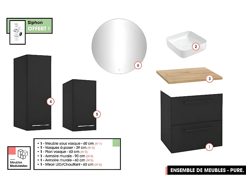 Emsemble complet de salle de bain - Meuble - Armoires - Miroir - Vasque à poser avec Siphon OFFERT | PURE | Noir | 60 x 60 x 45 cm