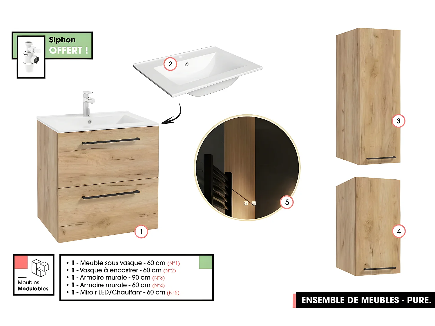 Emsemble complet de salle de bain - Meuble - Armoires - Miroir - Vasque à encastrer avec Siphon OFFERT | PURE | Oak | 60 x 60 x 45 cm