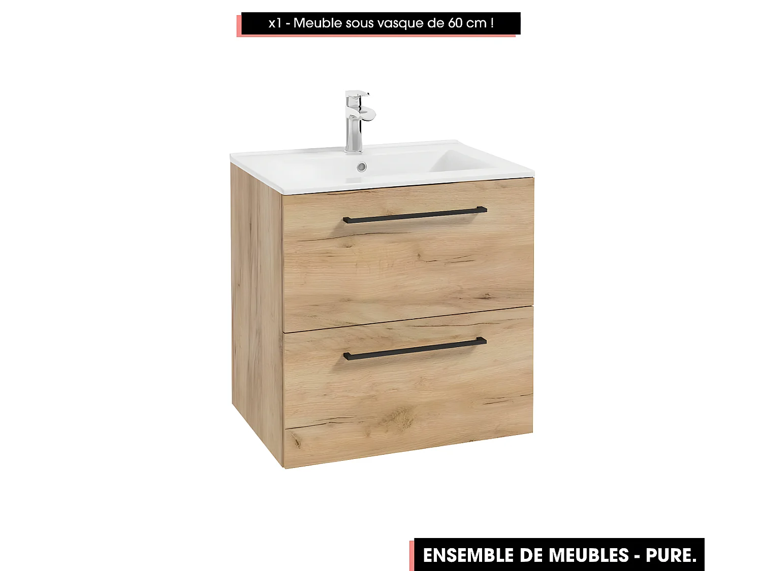 Emsemble complet de salle de bain - Meuble - Armoires - Miroir - Vasque à encastrer avec Siphon OFFERT | PURE | Oak | 60 x 60 x 45 cm