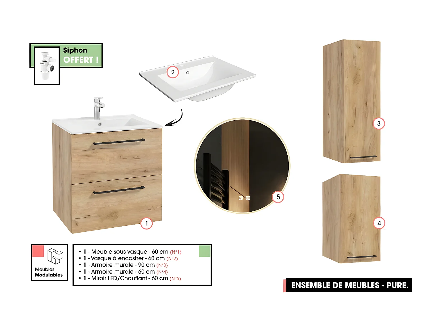 Emsemble complet de salle de bain - Meuble - Armoires - Miroir - Vasque à encastrer avec Siphon OFFERT | PURE | Oak | 60 x 60 x 45 cm