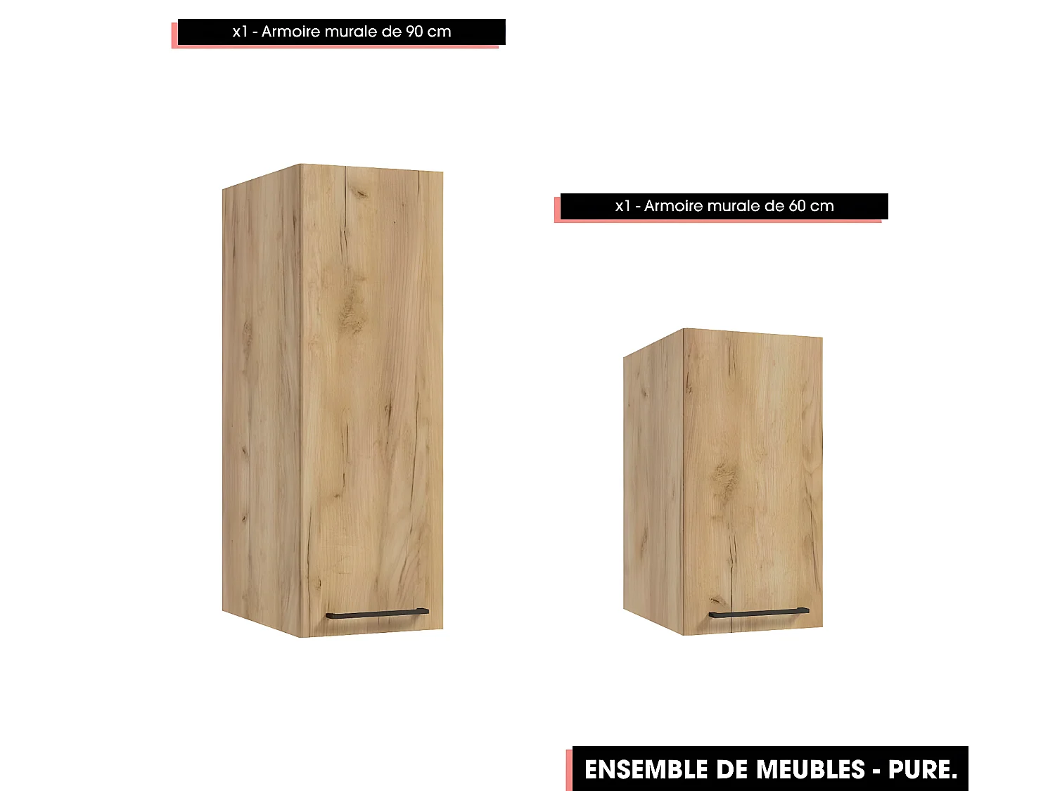 Emsemble complet de salle de bain - Meuble - Armoires - Miroir - Vasque à encastrer avec Siphon OFFERT | PURE | Oak | 60 x 60 x 45 cm