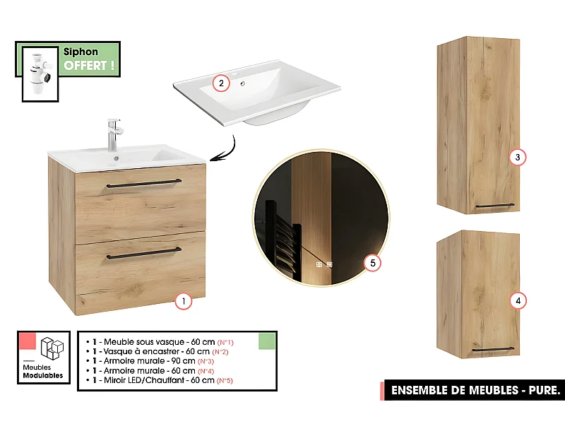 Emsemble complet de salle de bain - Meuble - Armoires - Miroir - Vasque à encastrer avec Siphon OFFERT | PURE | Oak | 60 x 60 x 45 cm
