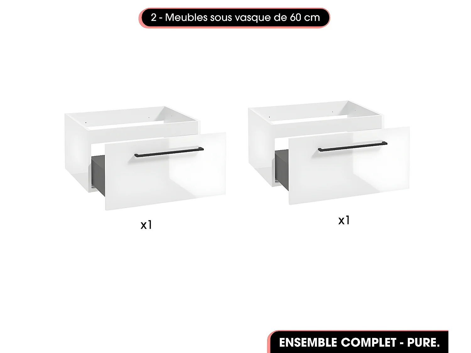 Ensemble complet de salle de bain  - Meubles - Armoire - Cubes - Vasques à encastrer avec Siphons OFFERT | PURE | Blanc | 120 x 60 x 45 cm