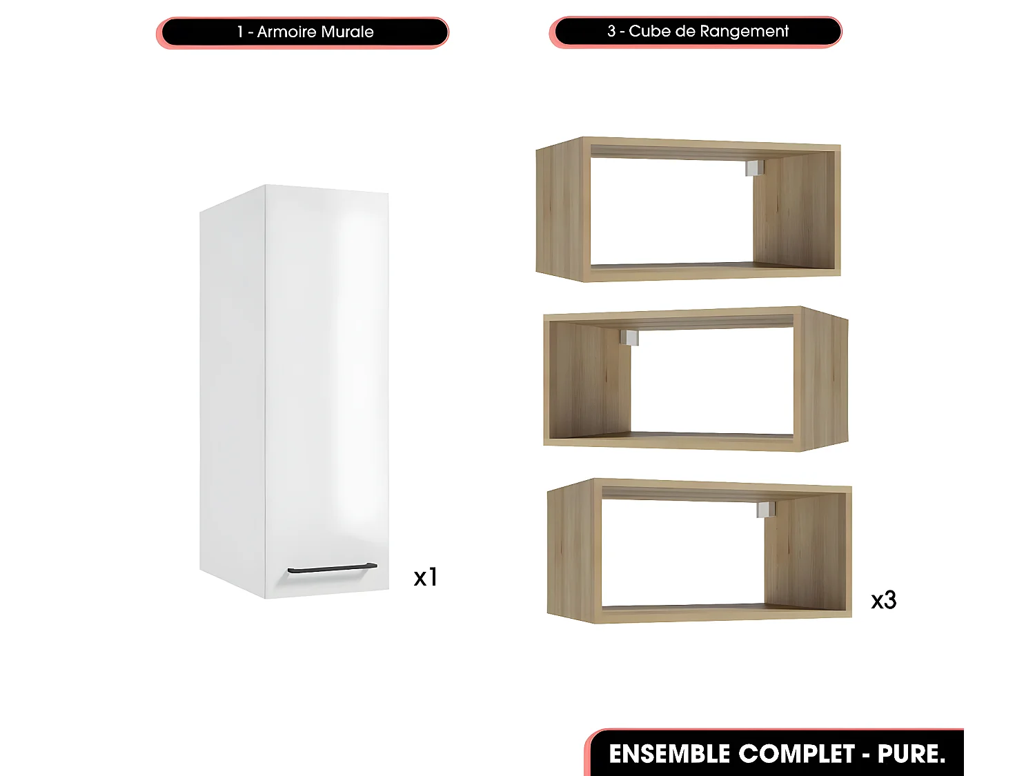 Ensemble complet de salle de bain  - Meubles - Armoire - Cubes - Vasques à encastrer avec Siphons OFFERT | PURE | Blanc | 120 x 60 x 45 cm