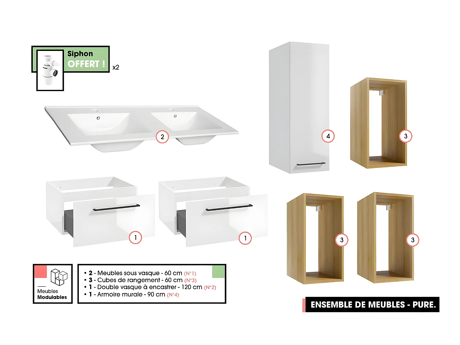 Ensemble complet de salle de bain  - Meubles - Armoire - Cubes - Vasques à encastrer avec Siphons OFFERT | PURE | Blanc | 120 x 60 x 45 cm