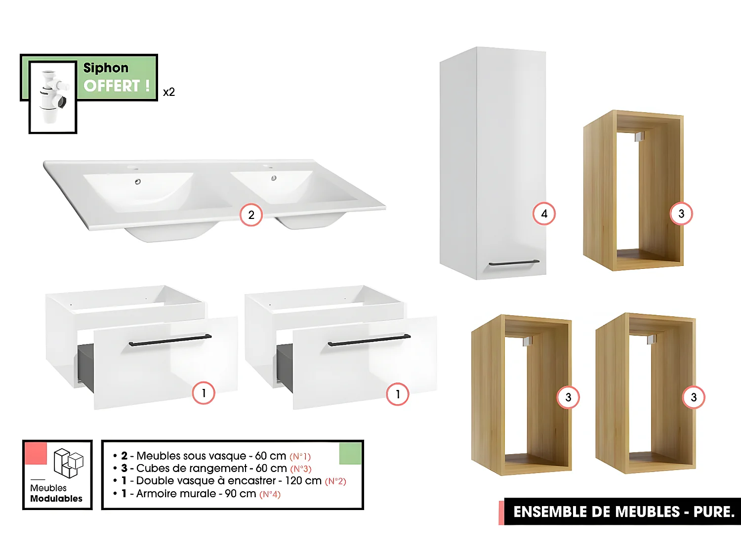 Ensemble complet de salle de bain  - Meubles - Armoire - Cubes - Vasques à encastrer avec Siphons OFFERT | PURE | Blanc | 120 x 60 x 45 cm