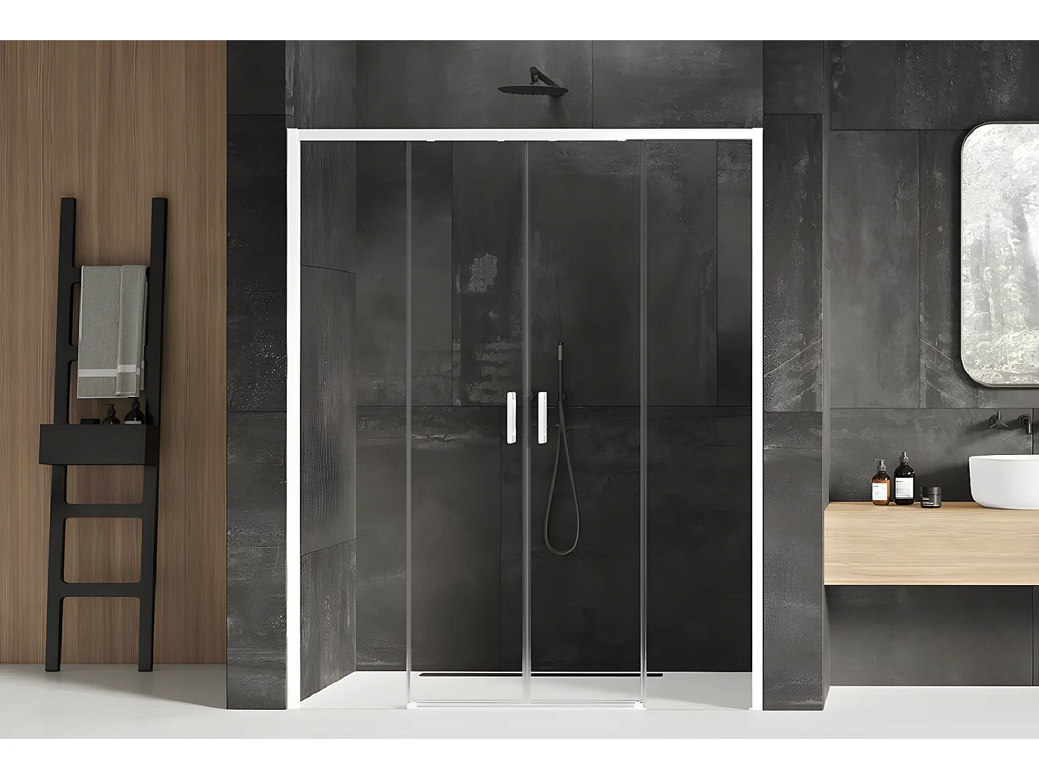 Porte de douche 150 cm coulissante blanche droite 4 volets  MARTINIQUE WHITE