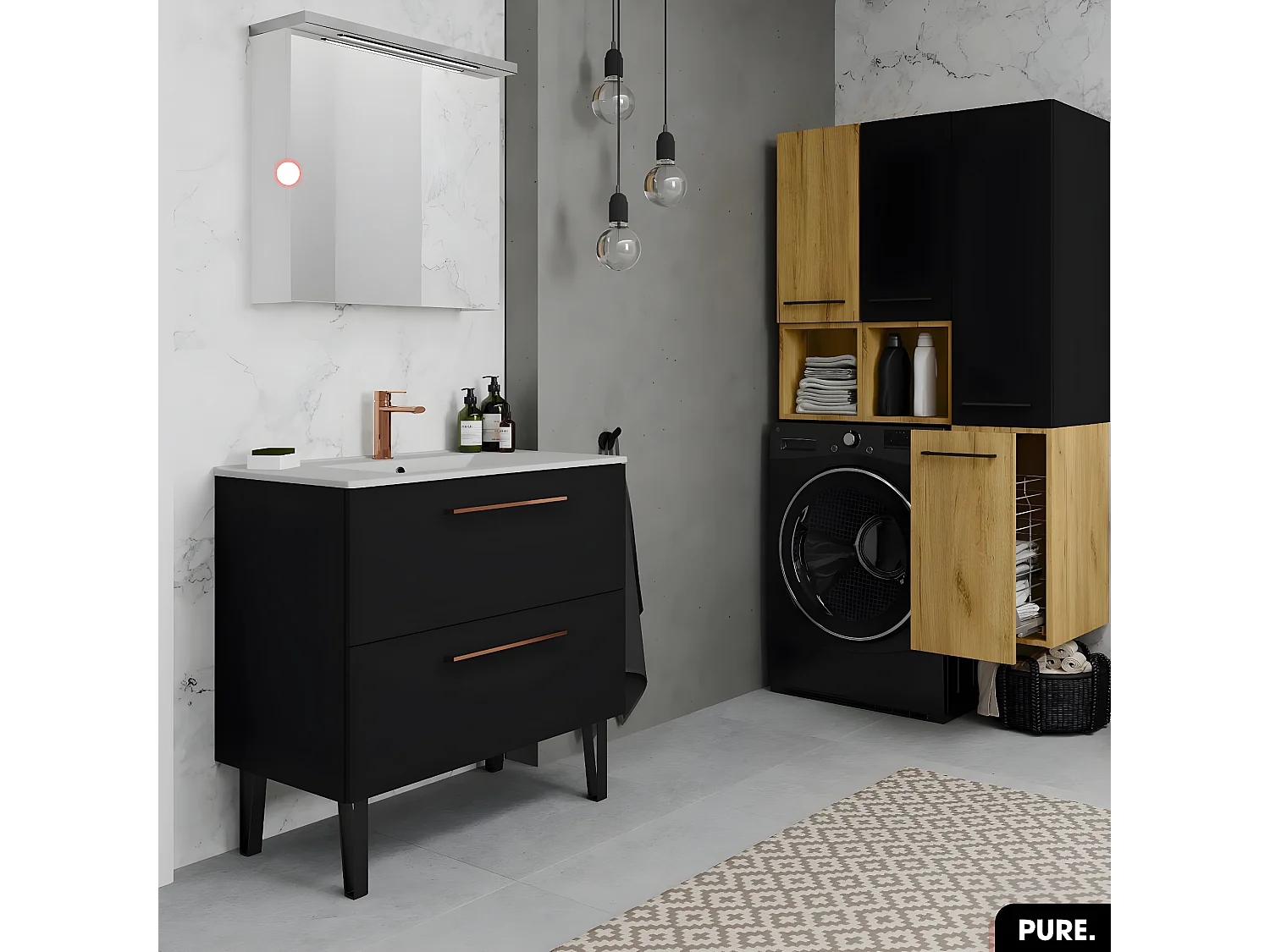 Armoire murale de salle de bain - avec miroir | PURE | Blanc | 85 × 60 × 15