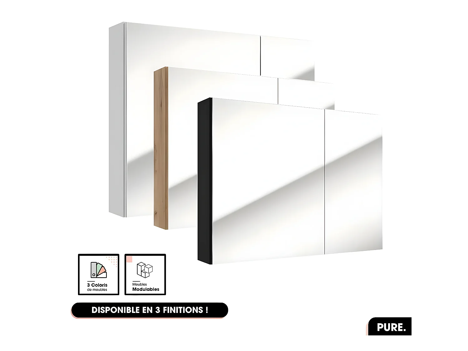 Armoire murale de salle de bain - avec miroir | PURE | Noir | 80 × 60 × 15