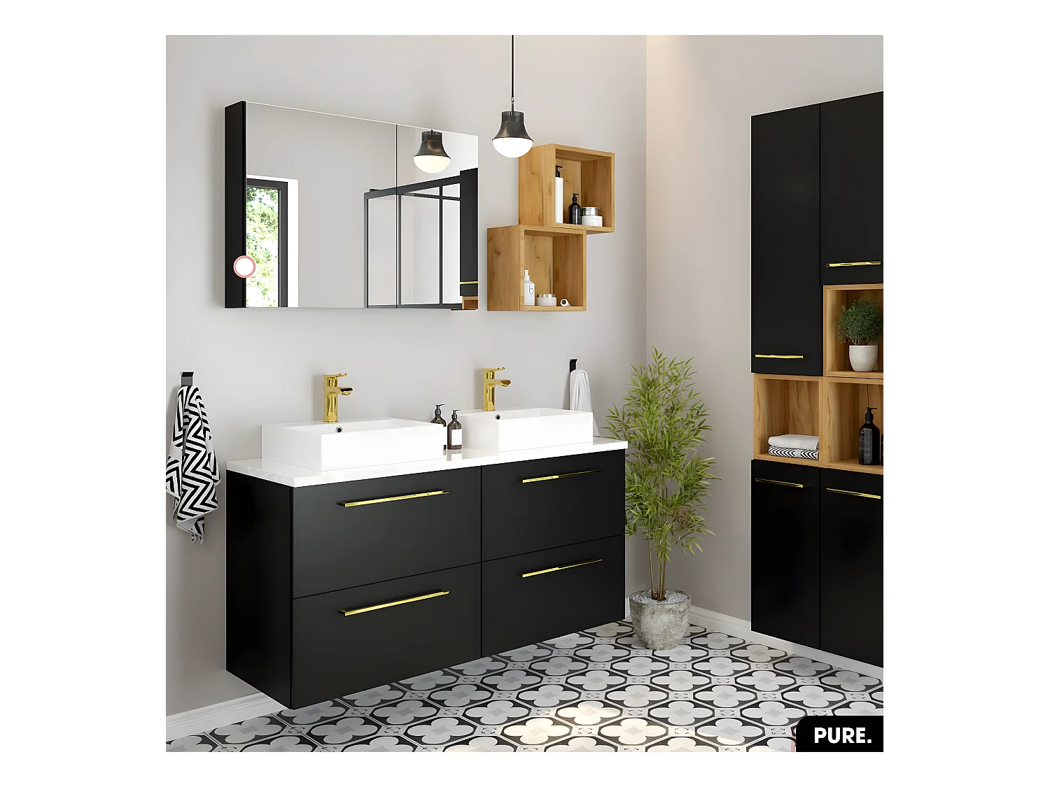 Armoire murale de salle de bain - avec miroir | PURE | Noir | 80 × 60 × 15