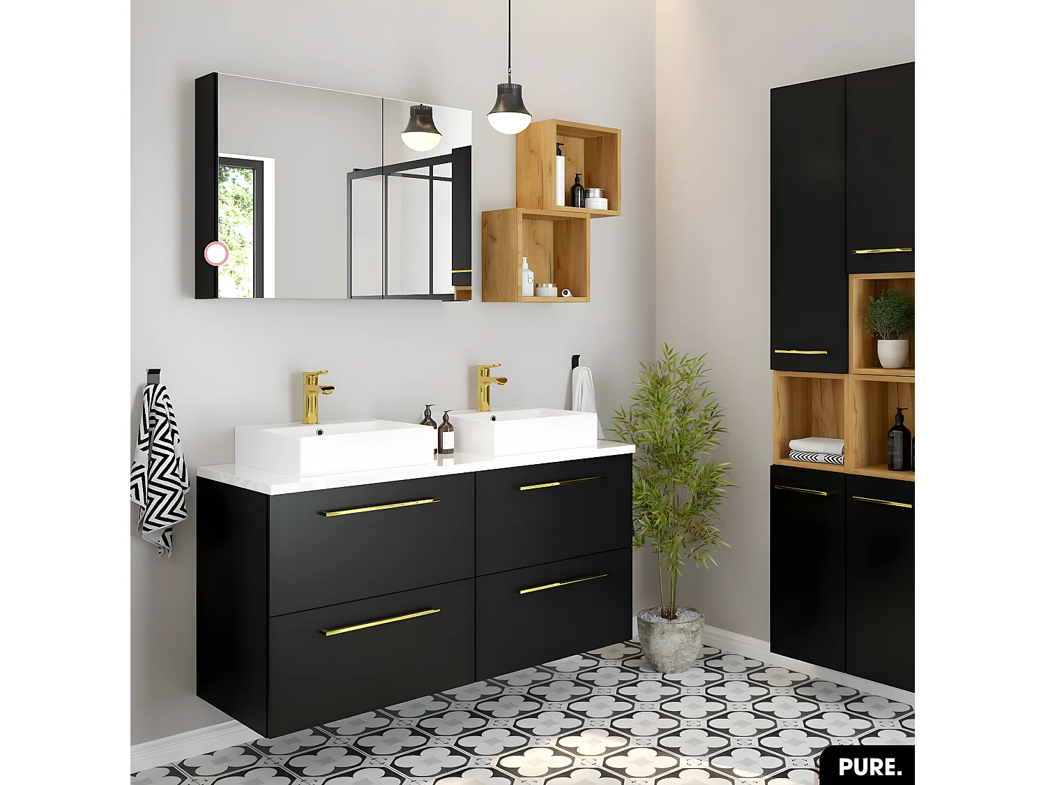 Armoire murale de salle de bain - avec miroir | PURE | Noir | 80 × 60 × 15