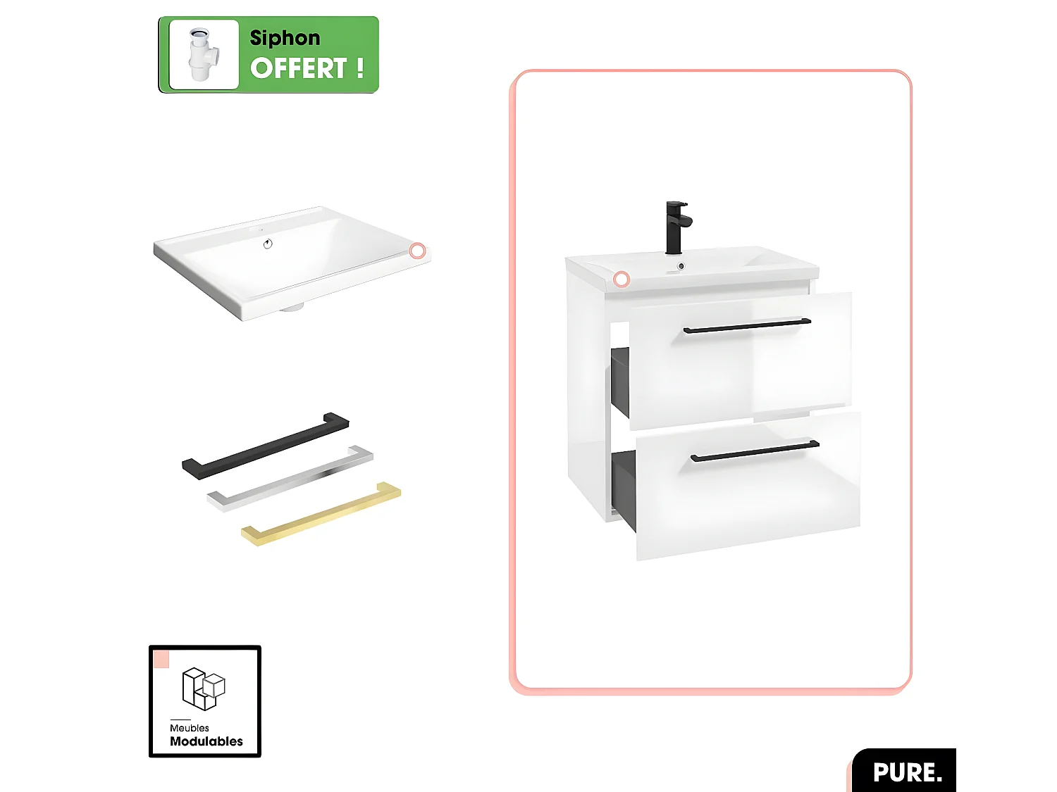 Ensemble meuble sous vasque avec vasque - Siphon OFFERT | PURE | Blanc | 60 × 60 × 40