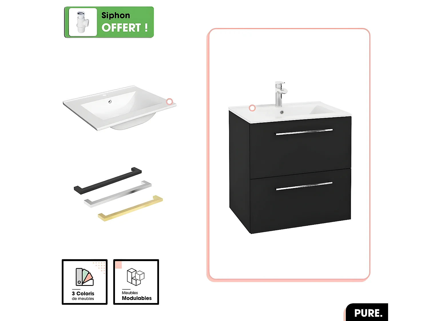 Ensemble meuble sous vasque avec vasque - Siphon OFFERT | PURE | Noir | 60 × 60 × 45