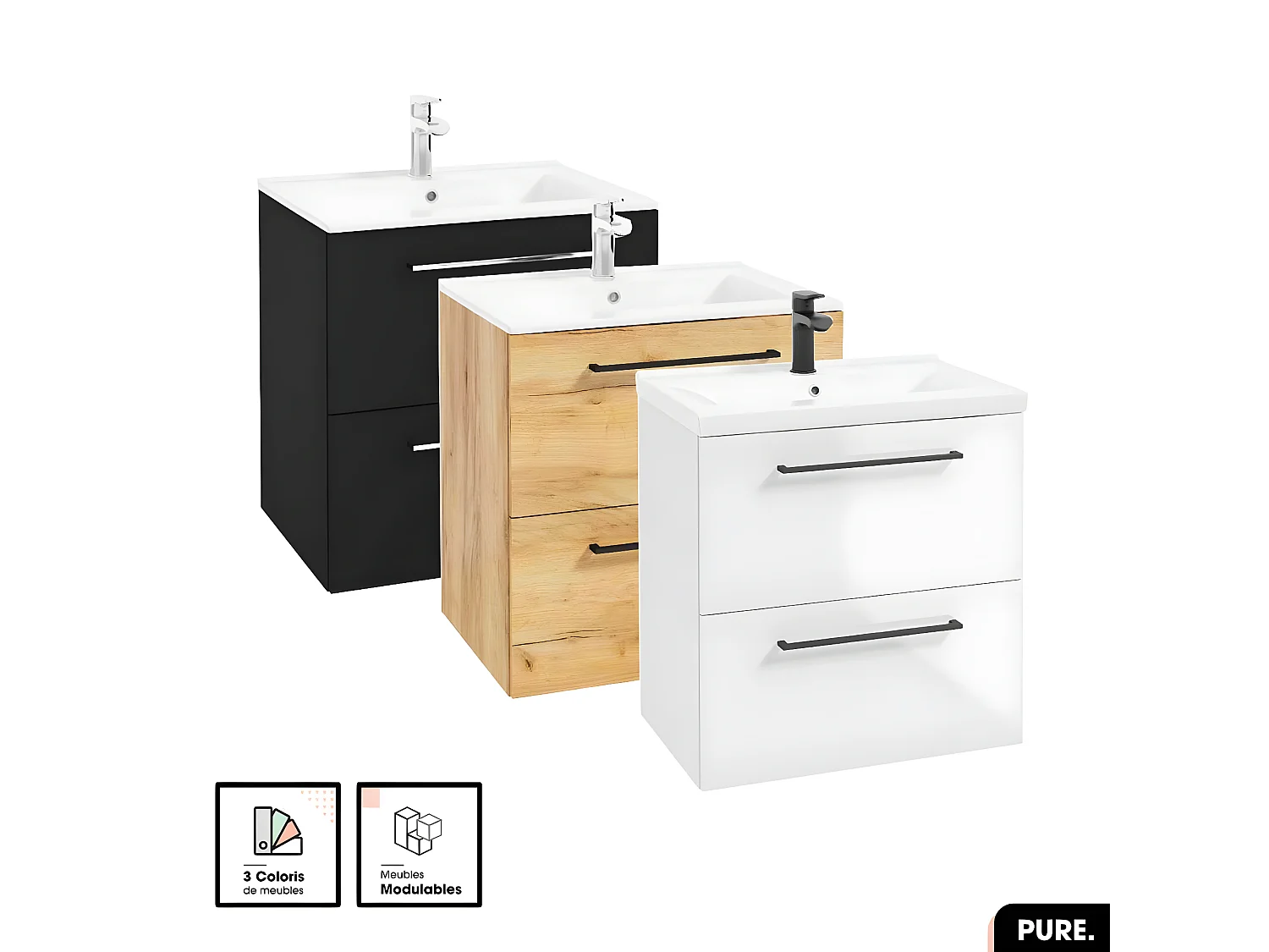 Ensemble meuble sous vasque avec vasque - Siphon OFFERT | PURE | Noir | 60 × 60 × 45