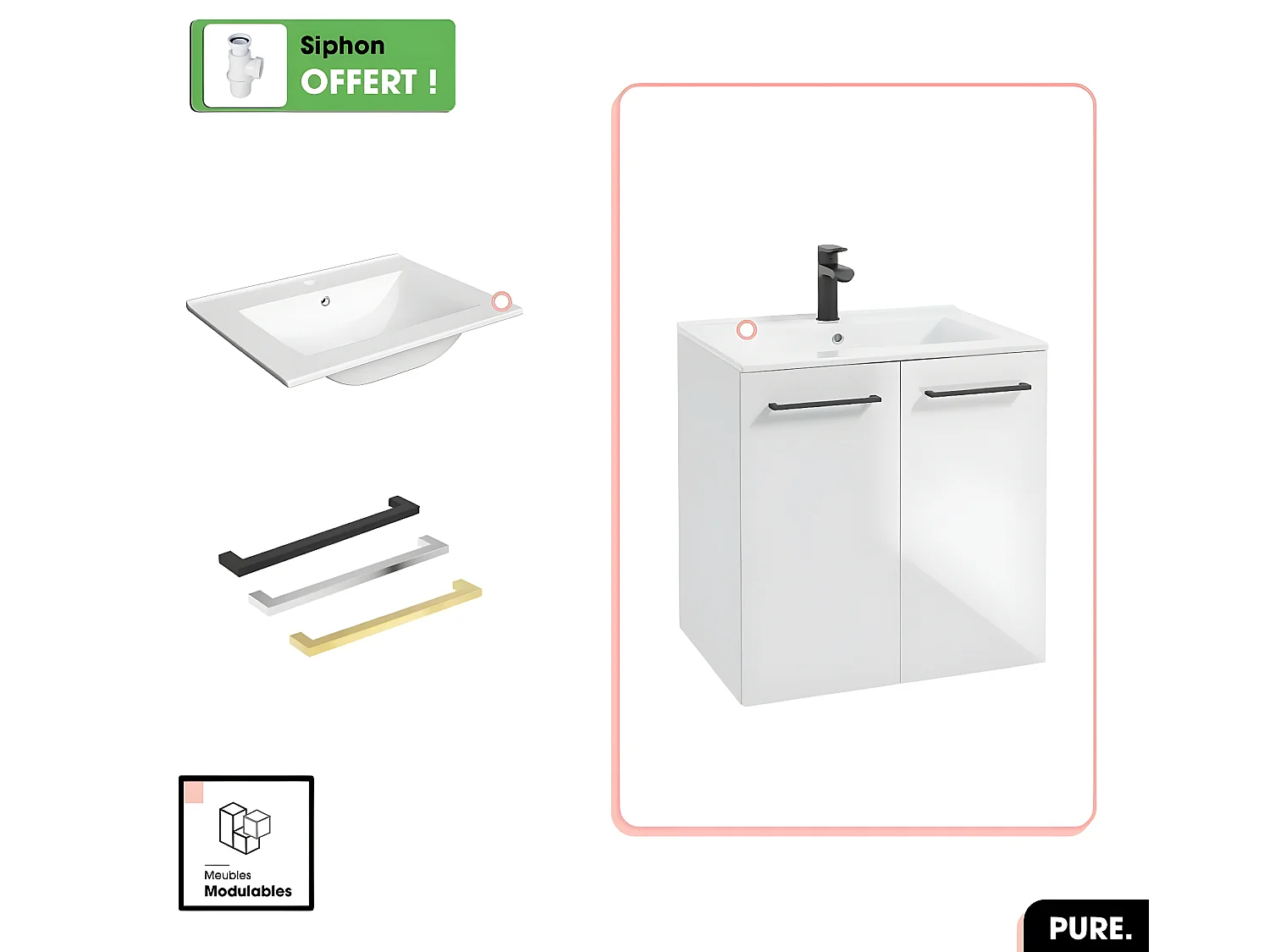Ensemble meuble sous vasque avec vasque - Siphon OFFERT | PURE | Blanc | 60 × 60 × 45