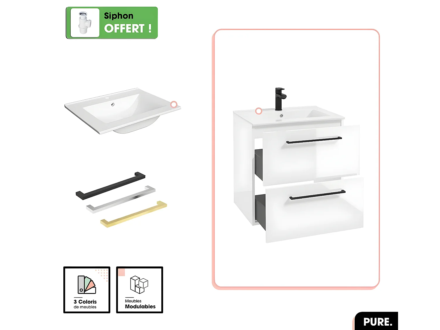 Ensemble meuble sous vasque avec vasque - Siphon OFFERT | PURE | Blanc | 60 × 60 × 45