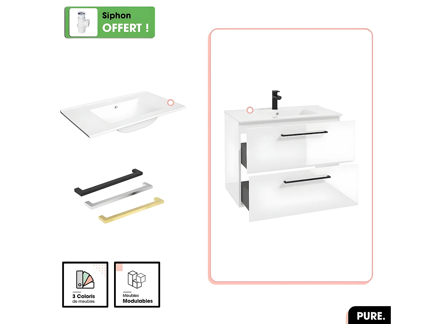 Ensemble meuble sous vasque avec vasque - Siphon OFFERT | PURE | Blanc | 80 × 60 × 45