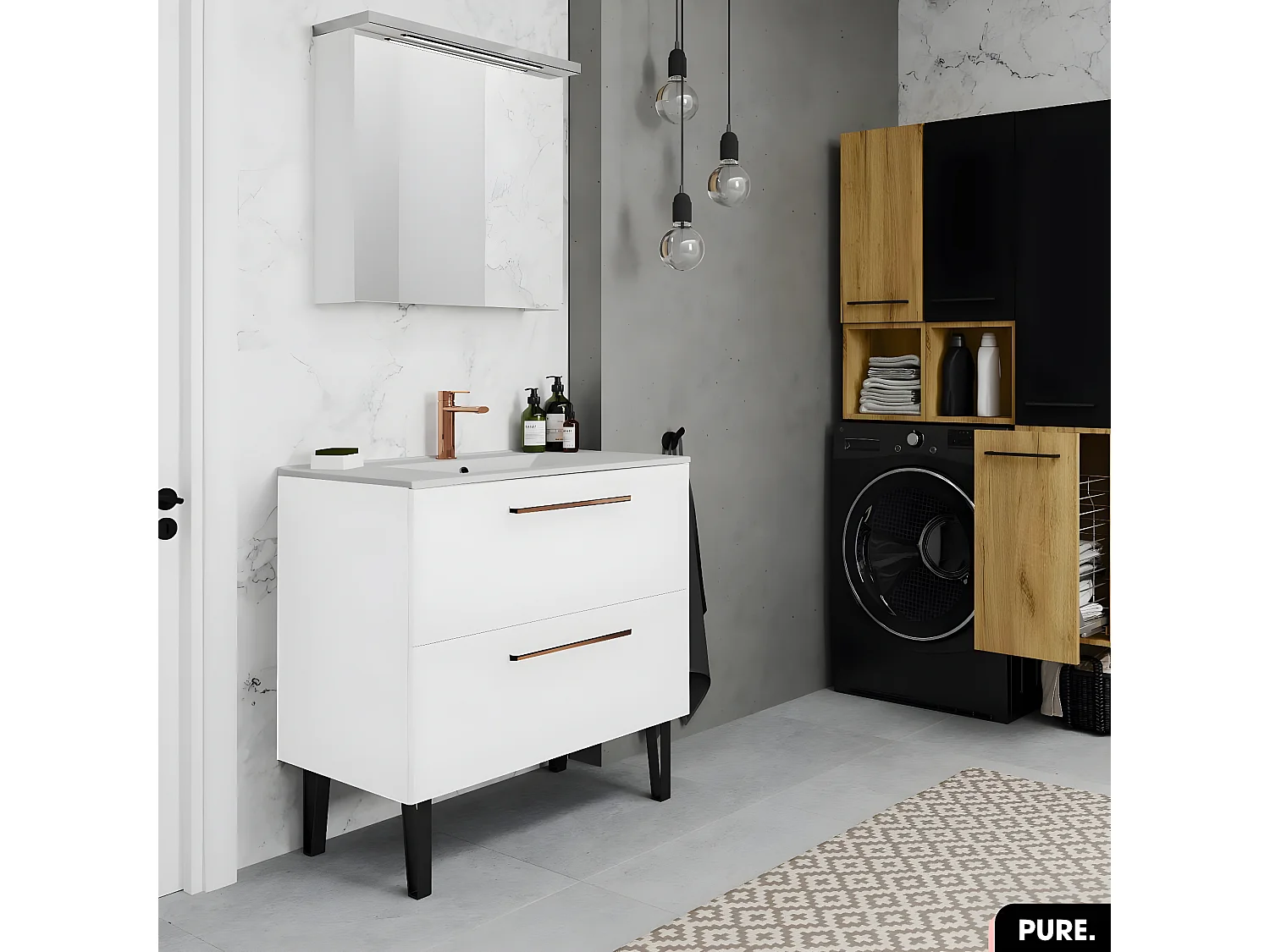 Ensemble meuble sous vasque avec vasque - Siphon OFFERT | PURE | Blanc | 80 × 60 × 45