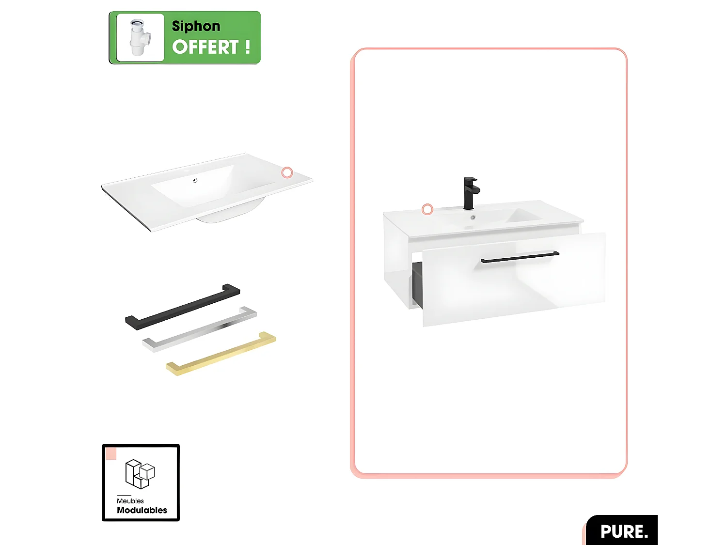 Ensemble meuble sous vasque avec vasque - Siphon OFFERT | PURE | Blanc | 80 × 30 × 45