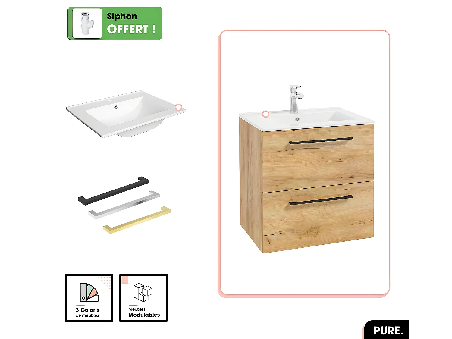 Ensemble meuble sous vasque avec vasque - Siphon OFFERT | PURE | Oak | 60 × 60 × 45